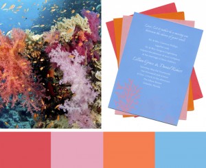 Coral, blushing pink, orange, and aqua blues paint a picture of fun in the sun! This color scheme is perfect for beach as well as seaside weddings! 