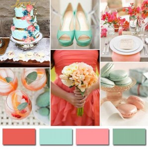Soft mint greens and blushing pink meet brilliant coral for a subtle but bold summer wedding look! 
